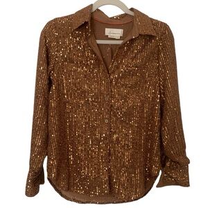 Anthropologie small bronze copper sequins button blouse top Holiday NYE Party
